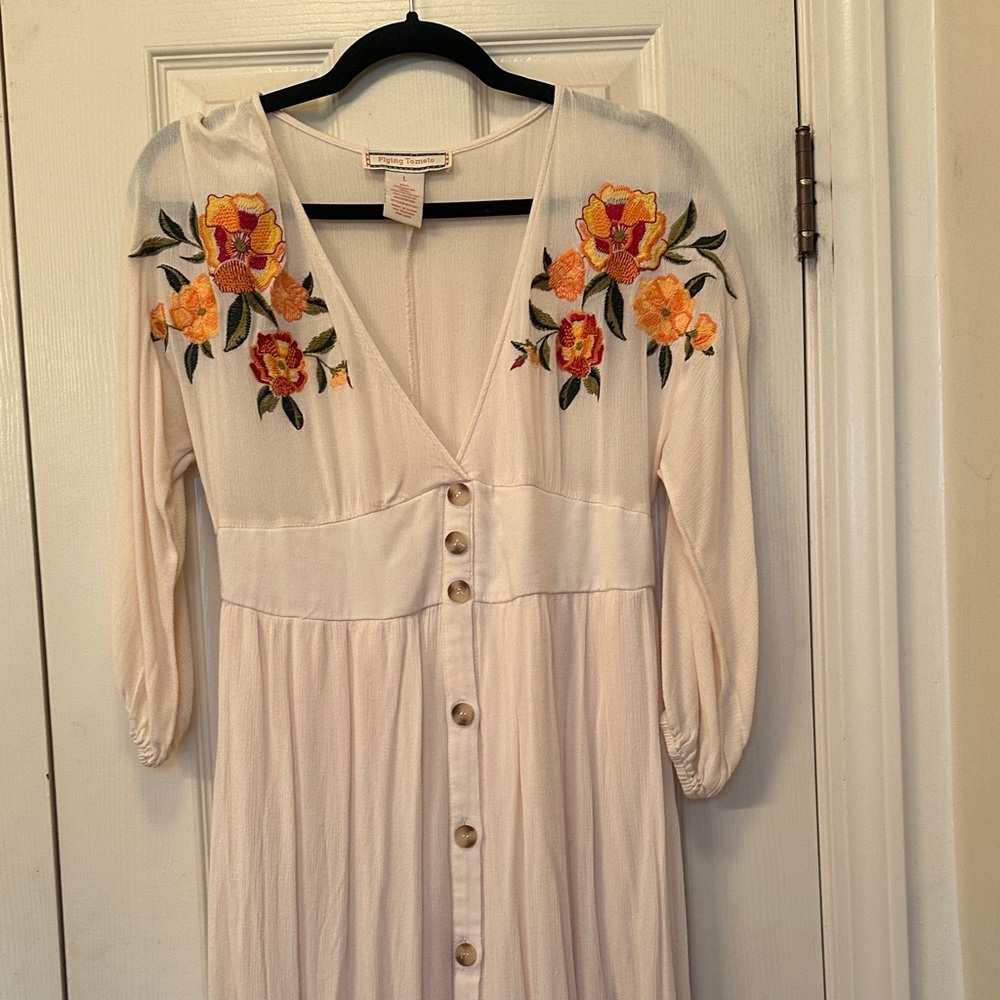 Flying Tomato Cream Dress with Floral Embroidery